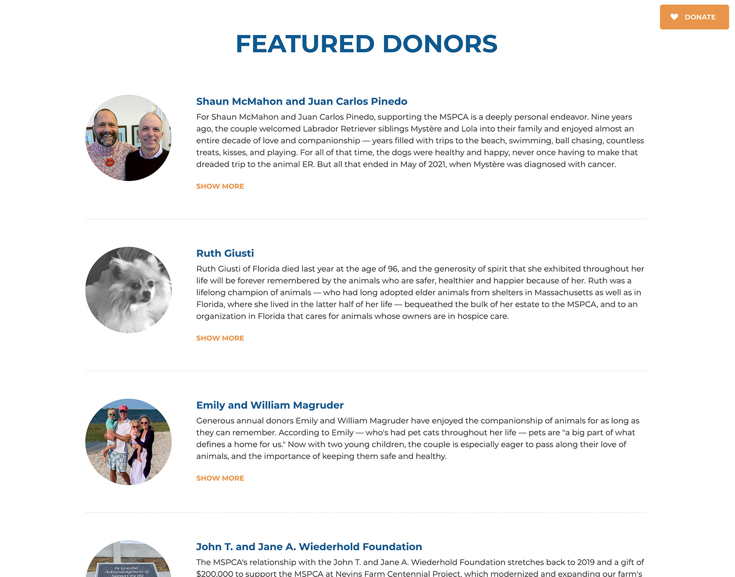 year in review website showing featured donors names and bios