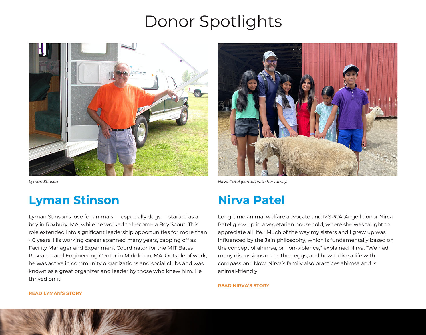 MSPCA-Angell newsletter website showing donor names and information about their involvement