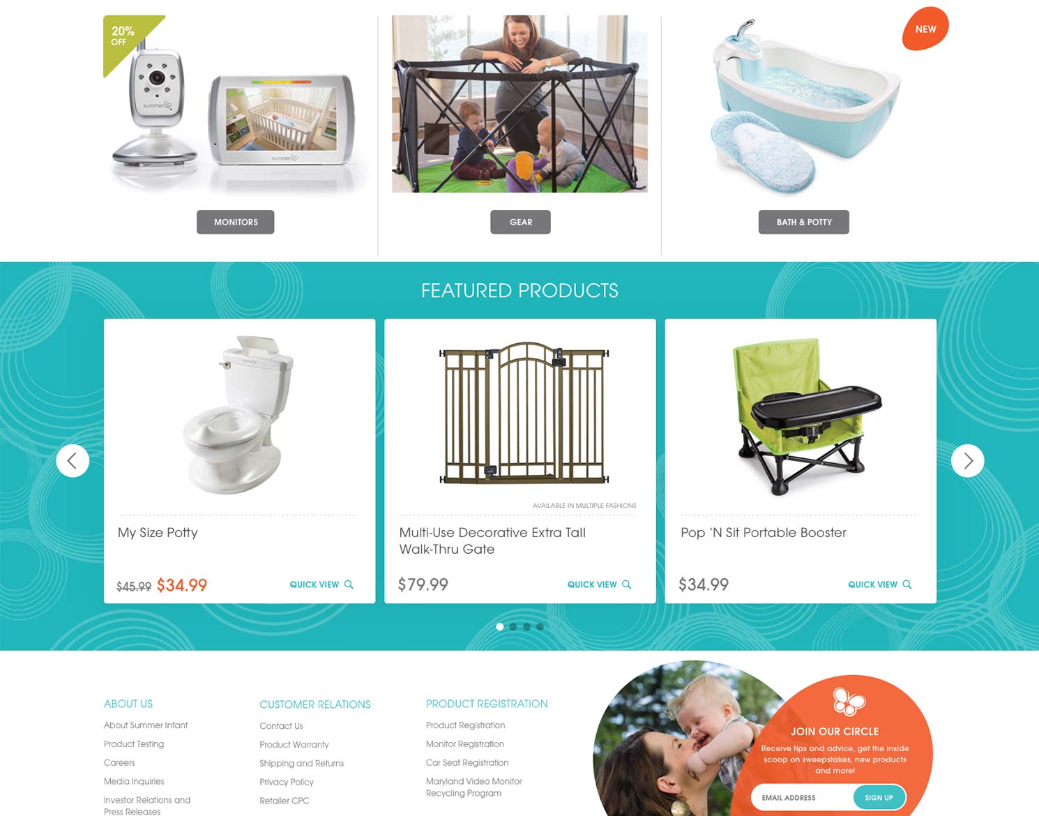 summer infant website design showing lower part of main homepage