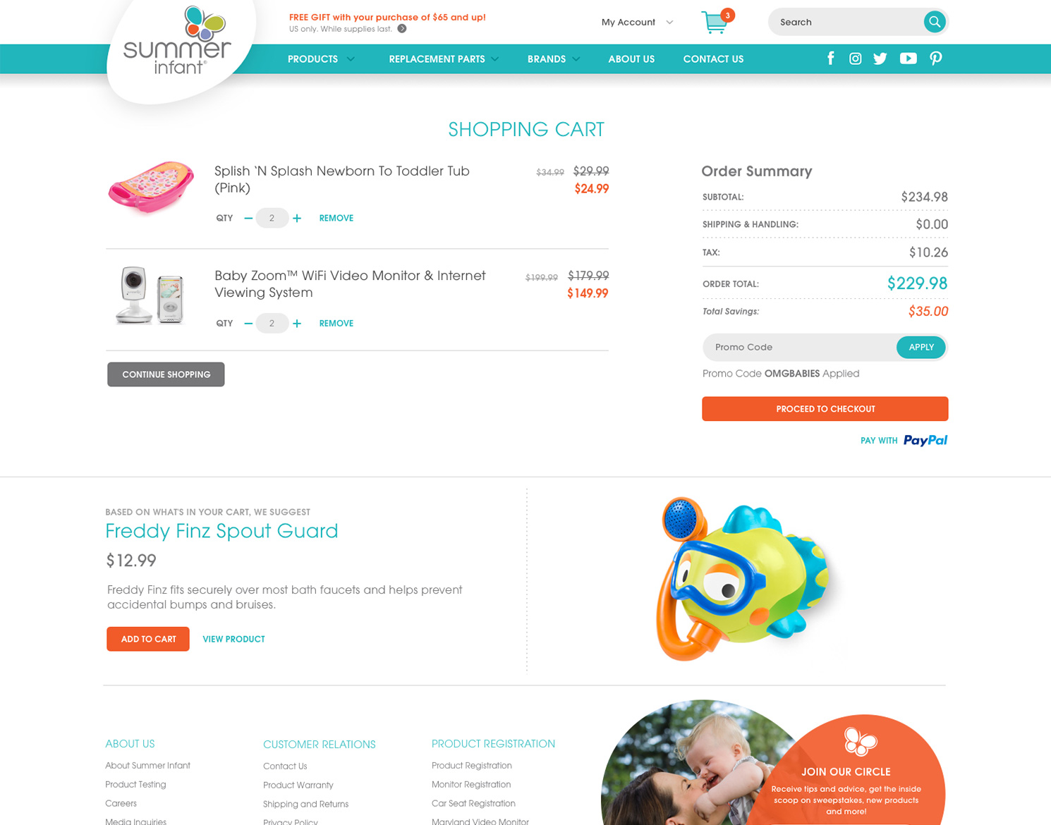 summer infant website design showing e-commerce cart checkout screen