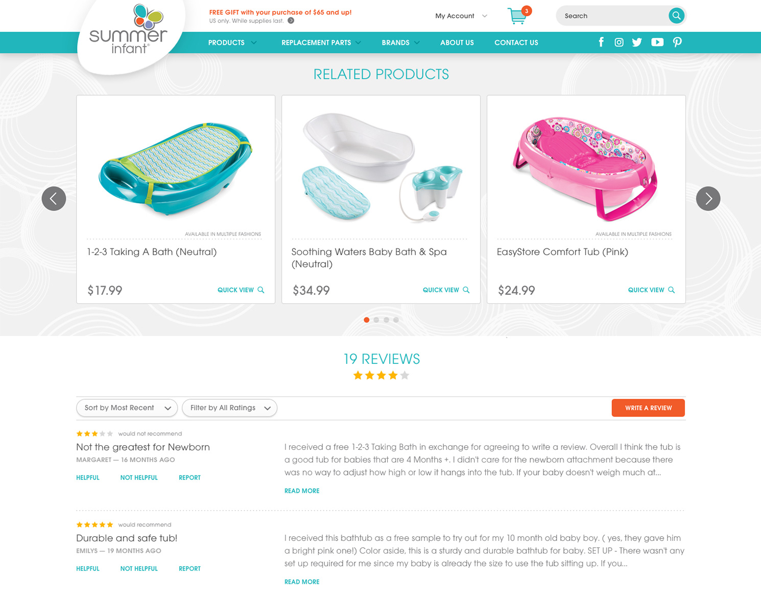 summer infant website design showing e-commerce section