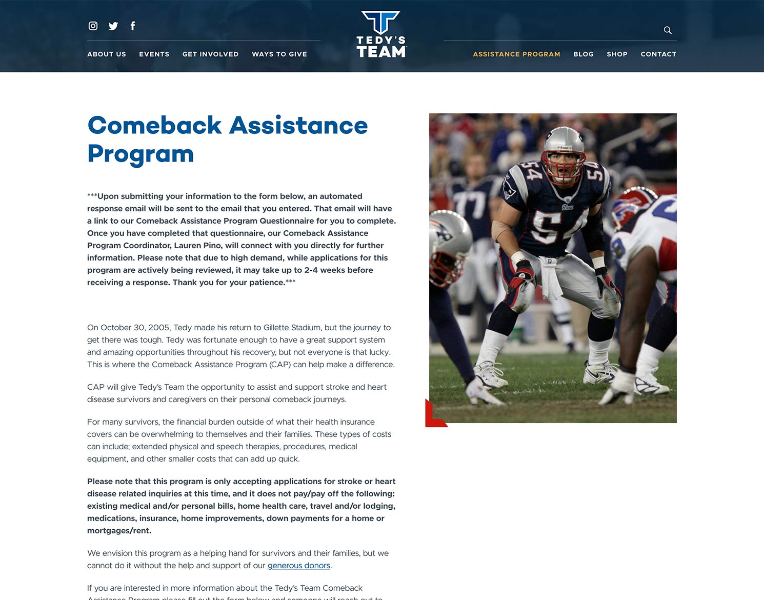 Tedy's Team website design showing Comeback Assistance Program