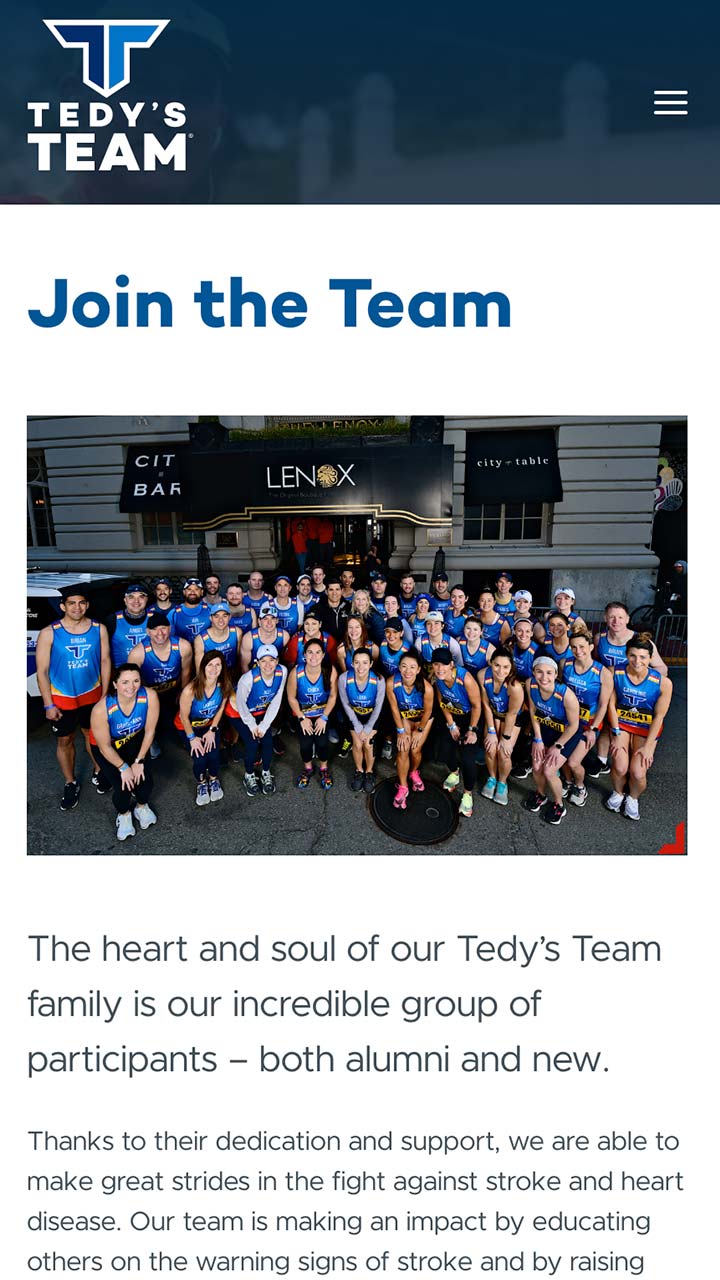Tedy's Team mobile website screen