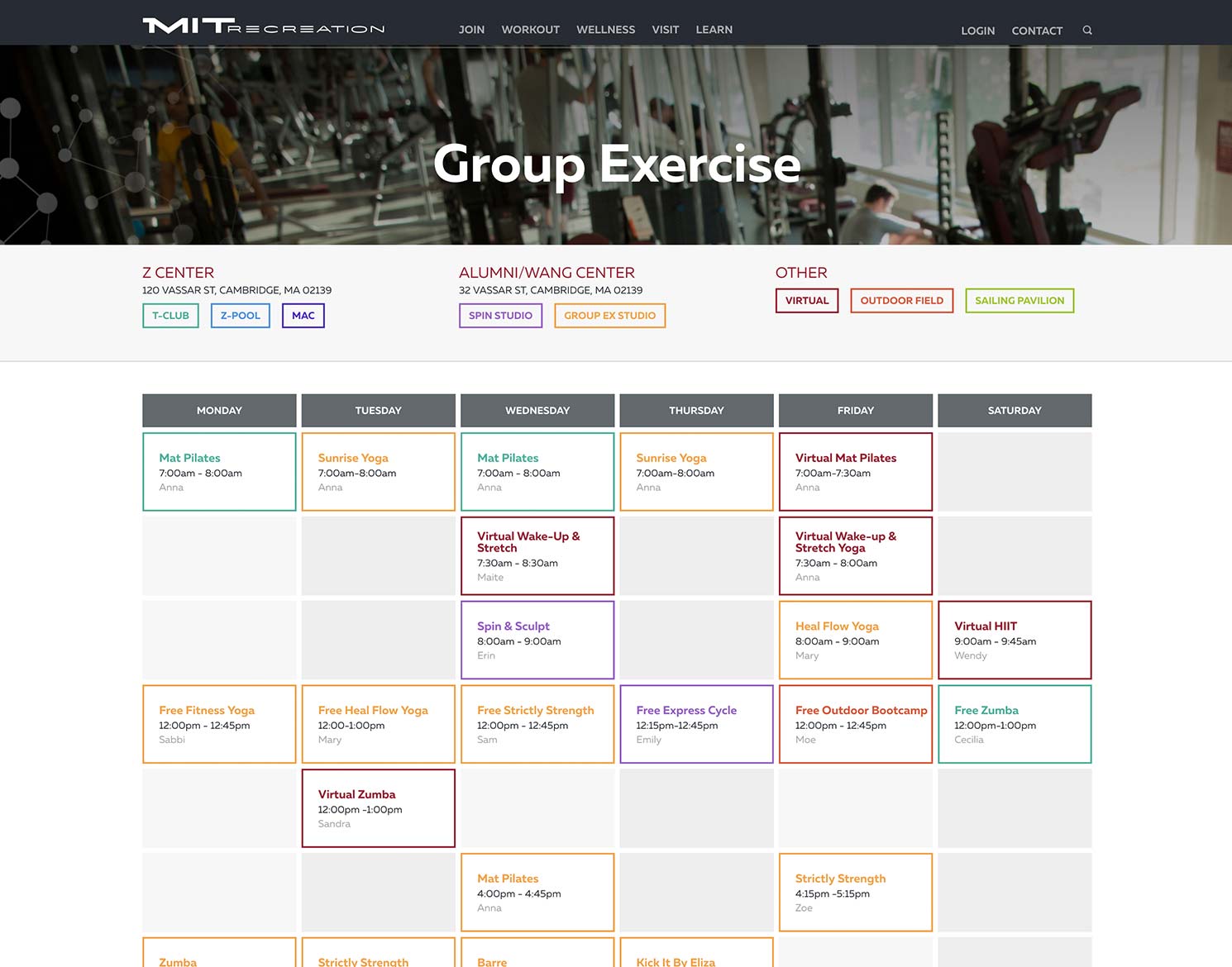 MIT REC Group Excercise calendar page