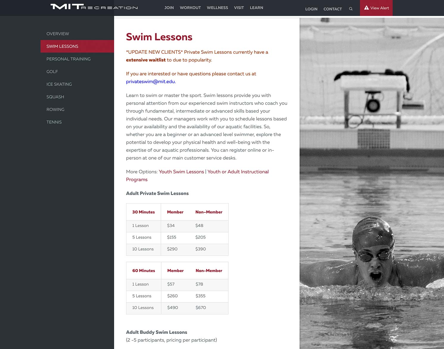 MIT REC swim lessons detail page