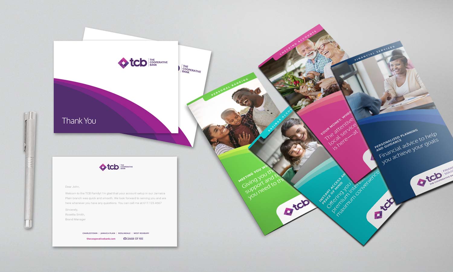 Marketing collateral for TCB including brochures and notecards