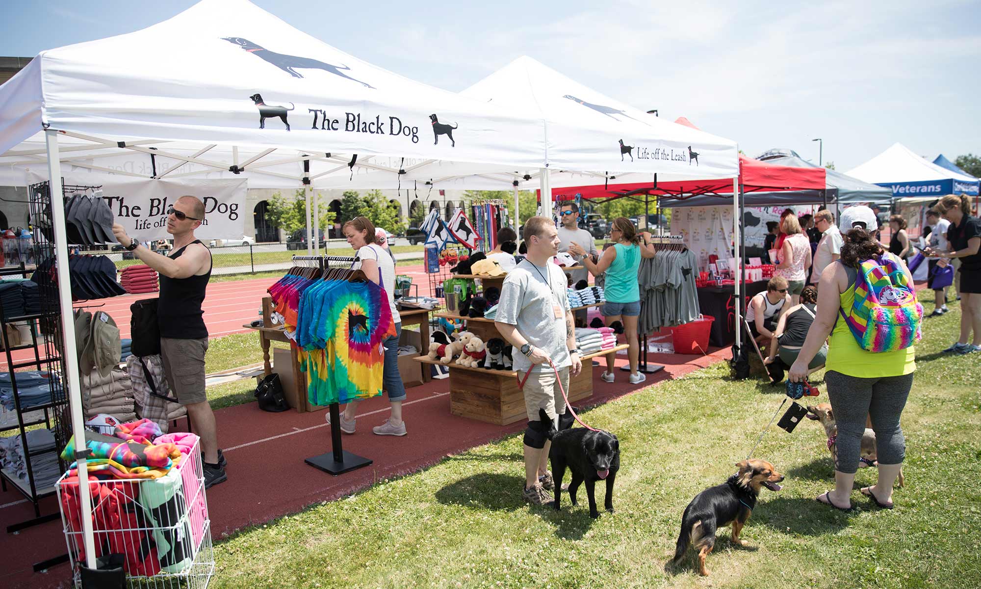 WOOFstock event photography showing The Black Dog tents with merchandise