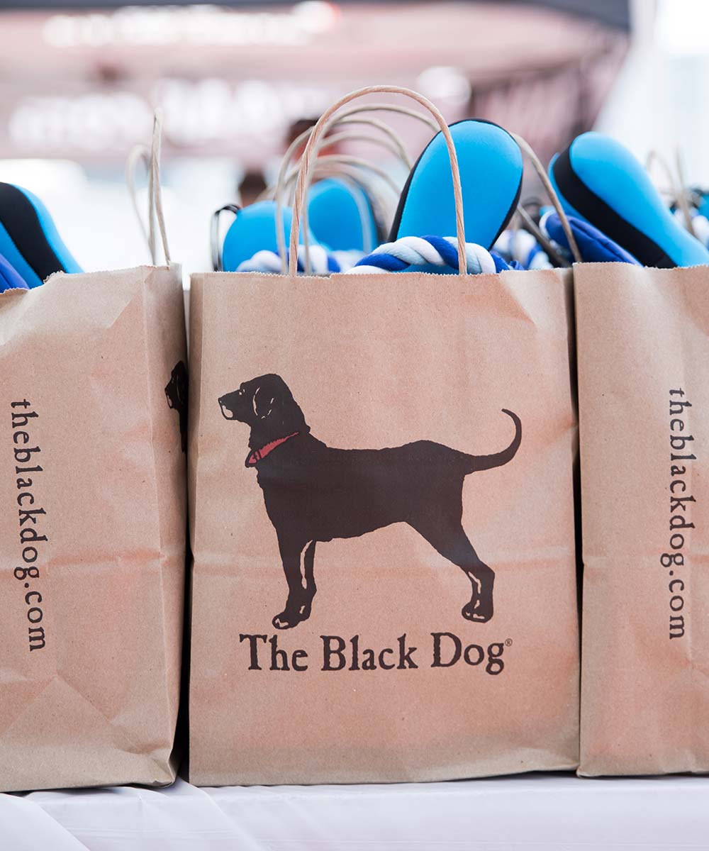 WOOFstock event photography showing The Black Dog shopping bags with merchandise