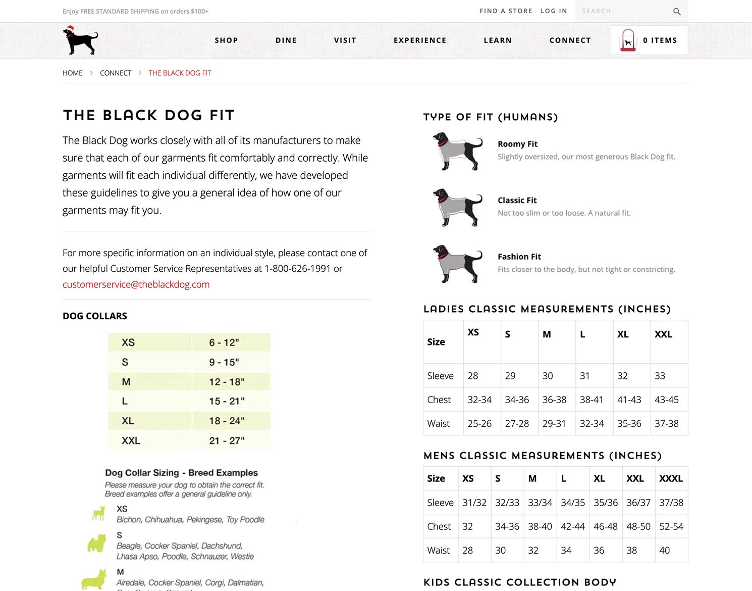 The Black Dog website design showing Fit Chart page