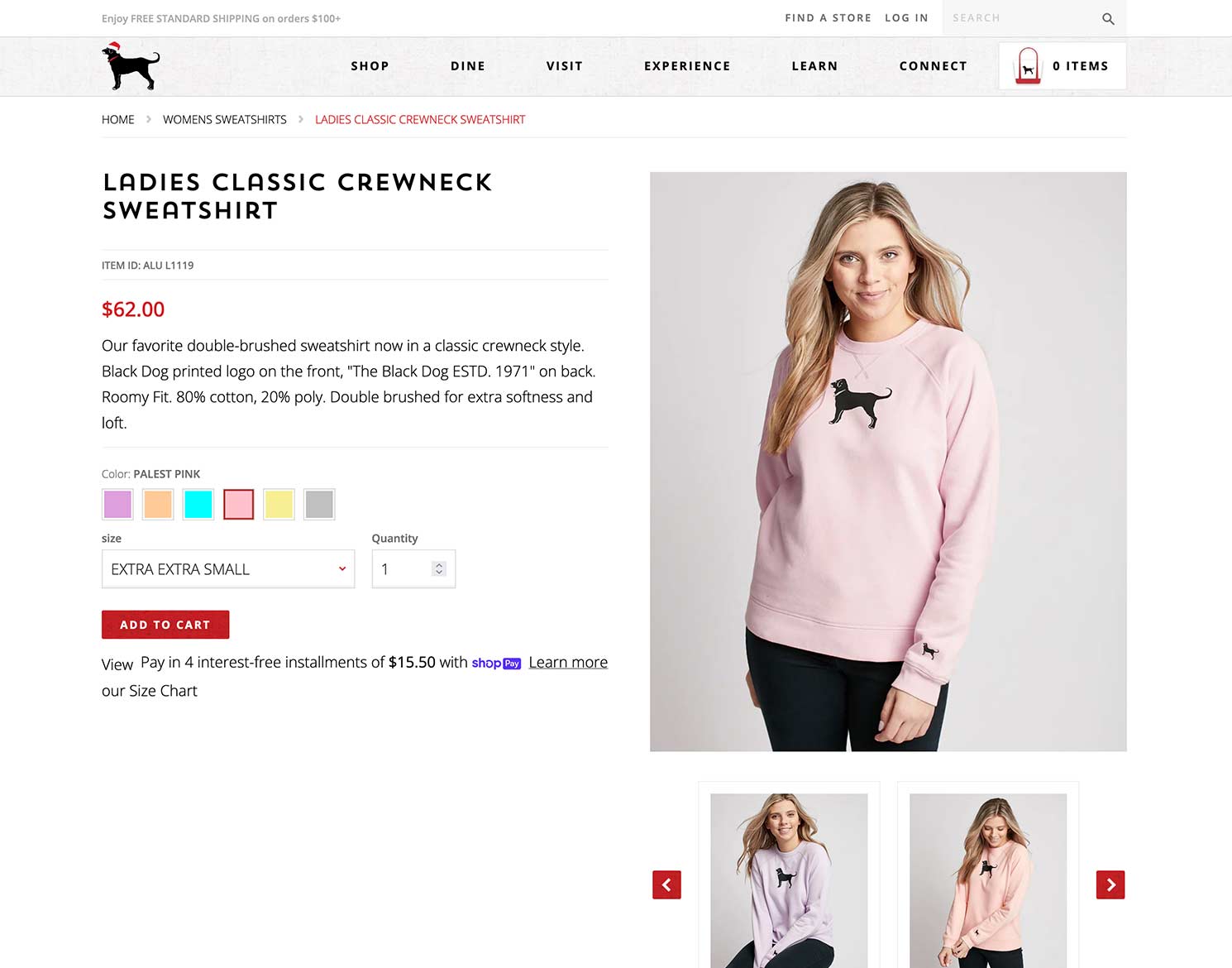 The Black Dog website design Ladies Crewneck detail page