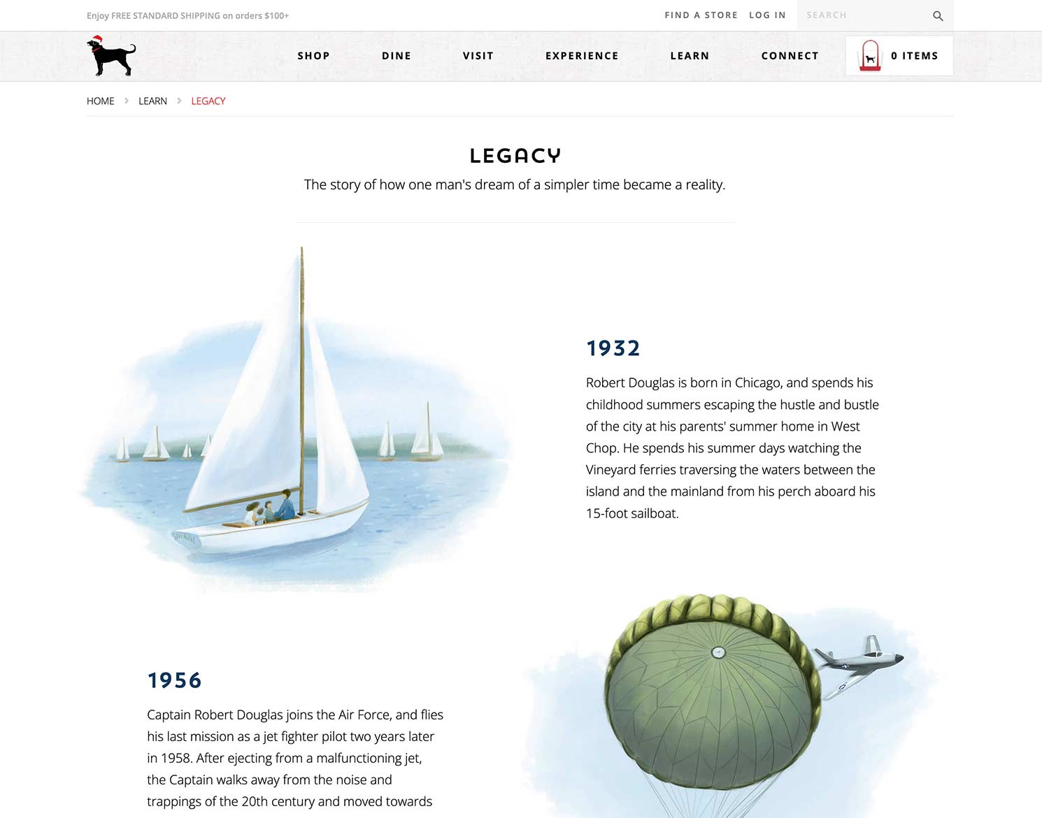 The Black Dog website design Legacy page with illustrations