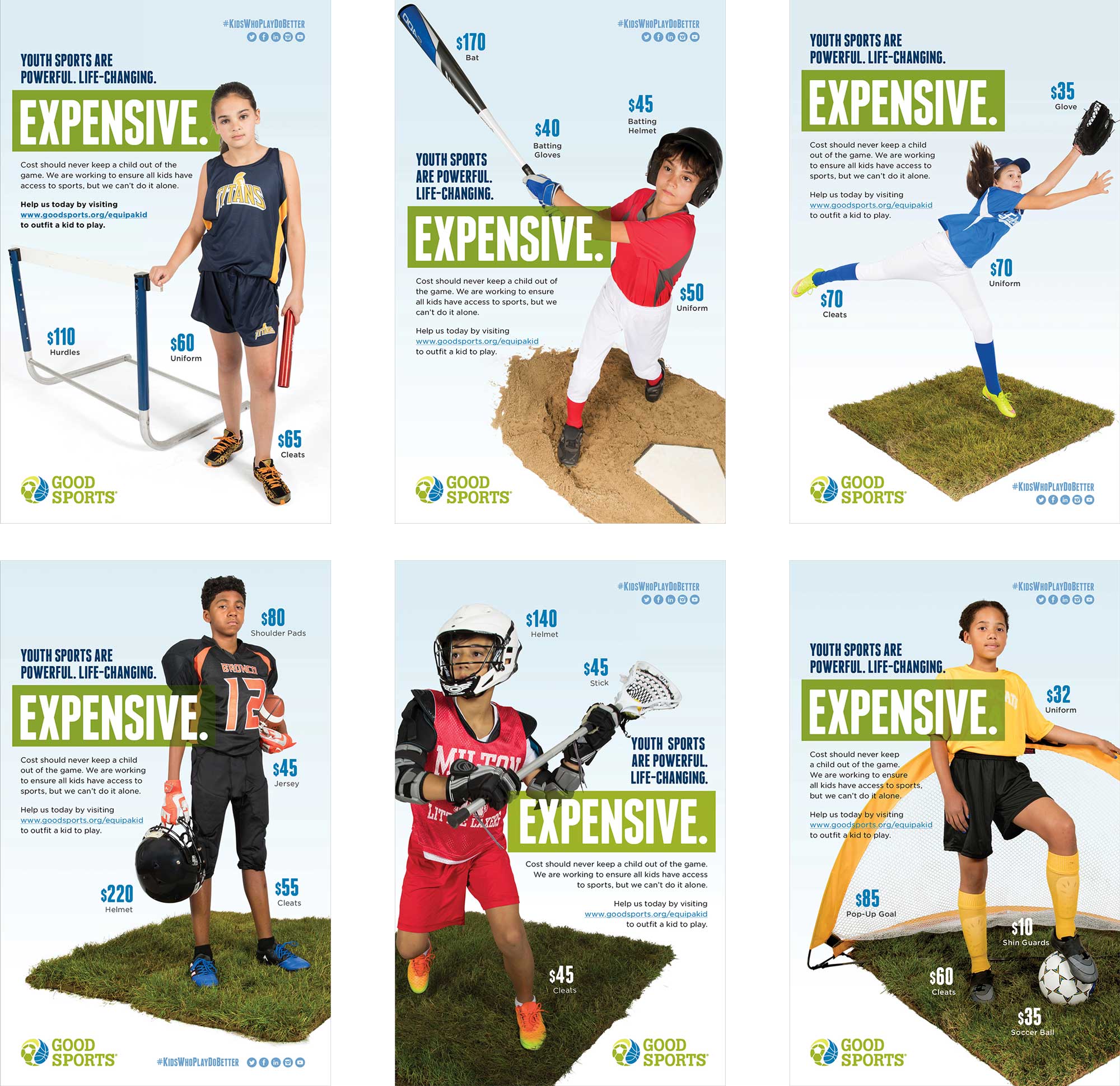 Good Sports advertising campaign showing kids playing sports with prices on equipment