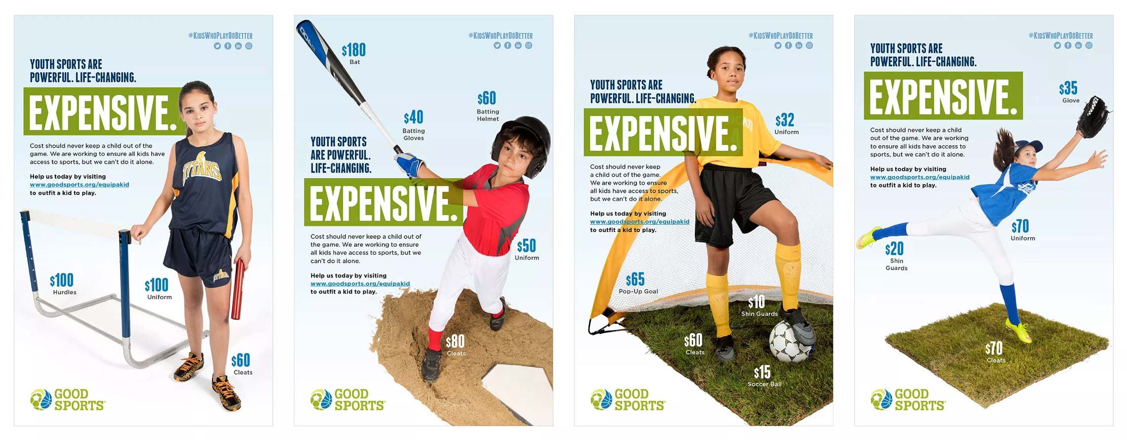 Good Sports advertising campaign communicating the expensive aspect of sports that prevents kids from playing