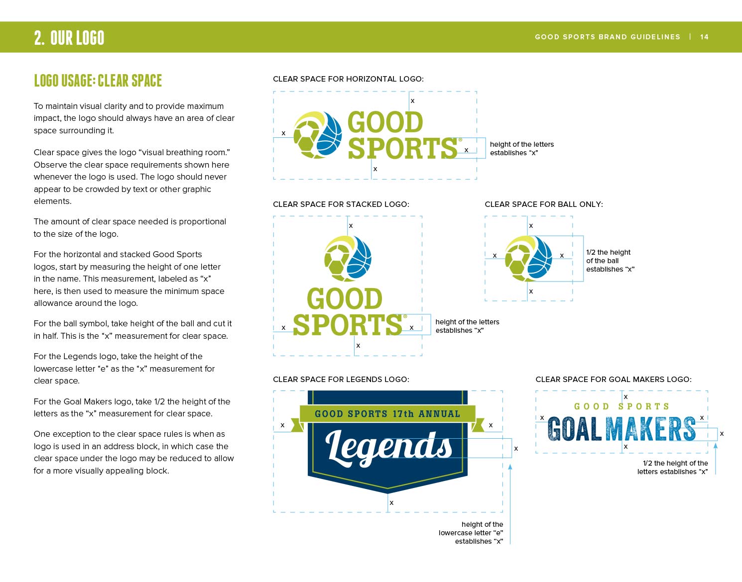 Good Sports Brand Guide showing logo clear space