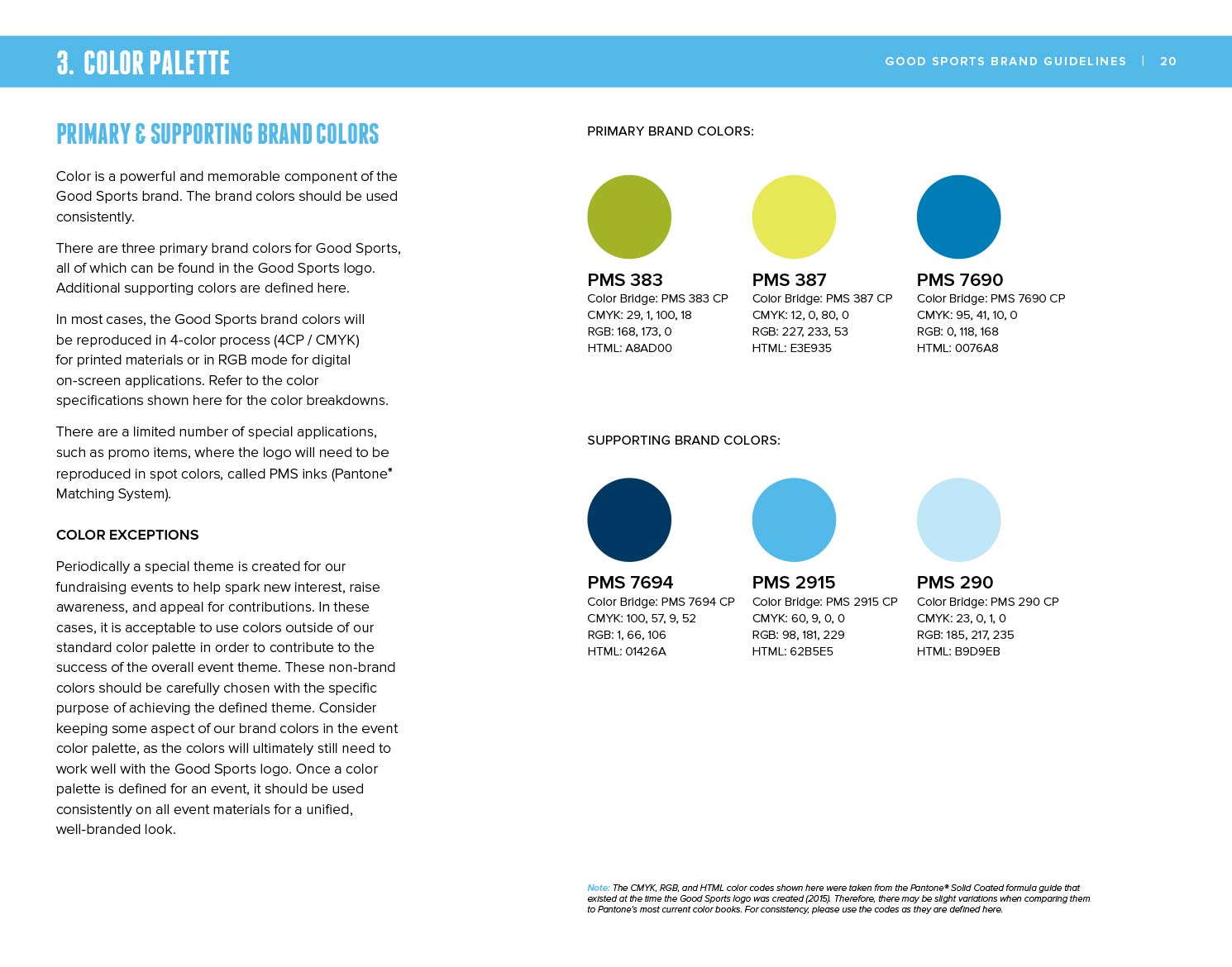 Good Sports Brand Guide showing color palette
