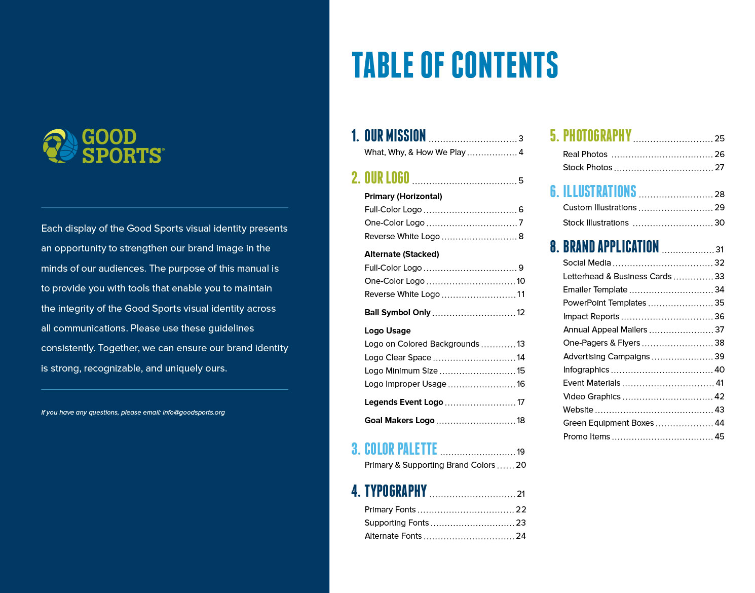 Good Sports Brand Guide showing table of contents