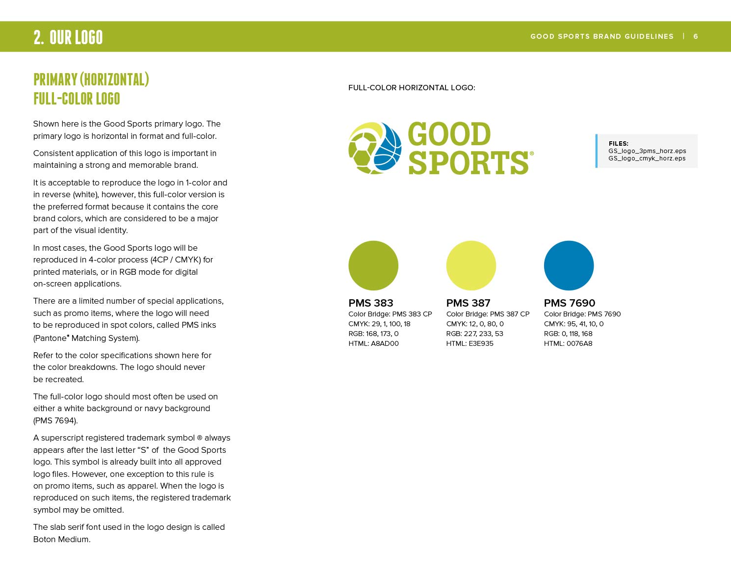 Good Sports Brand Guide showing primary logo