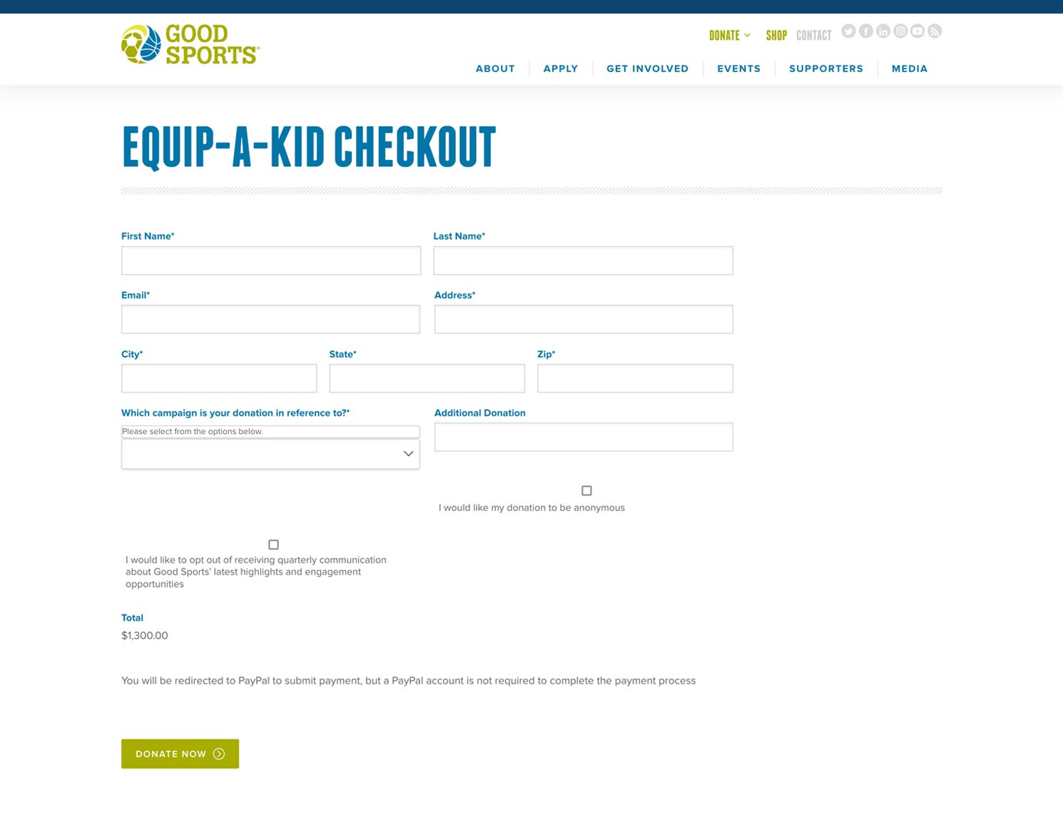 Good Sports Equip-A-Kid checkout page