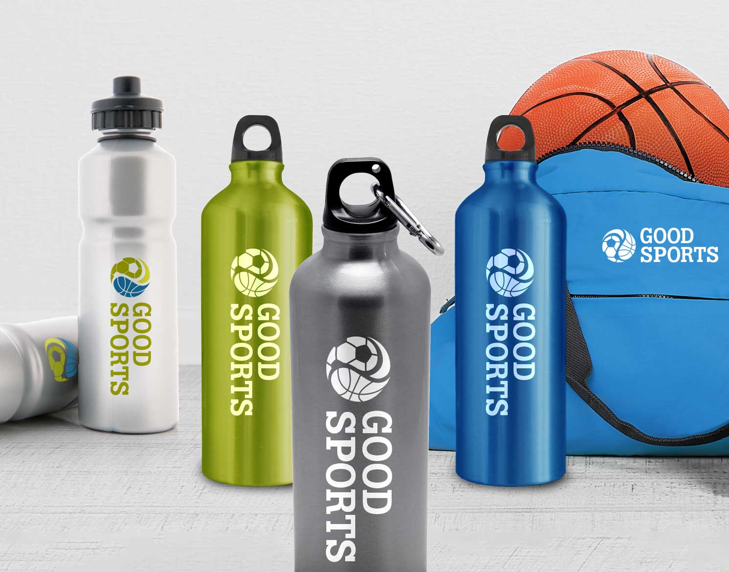 Good Sports logo applied to sports bottles and bag