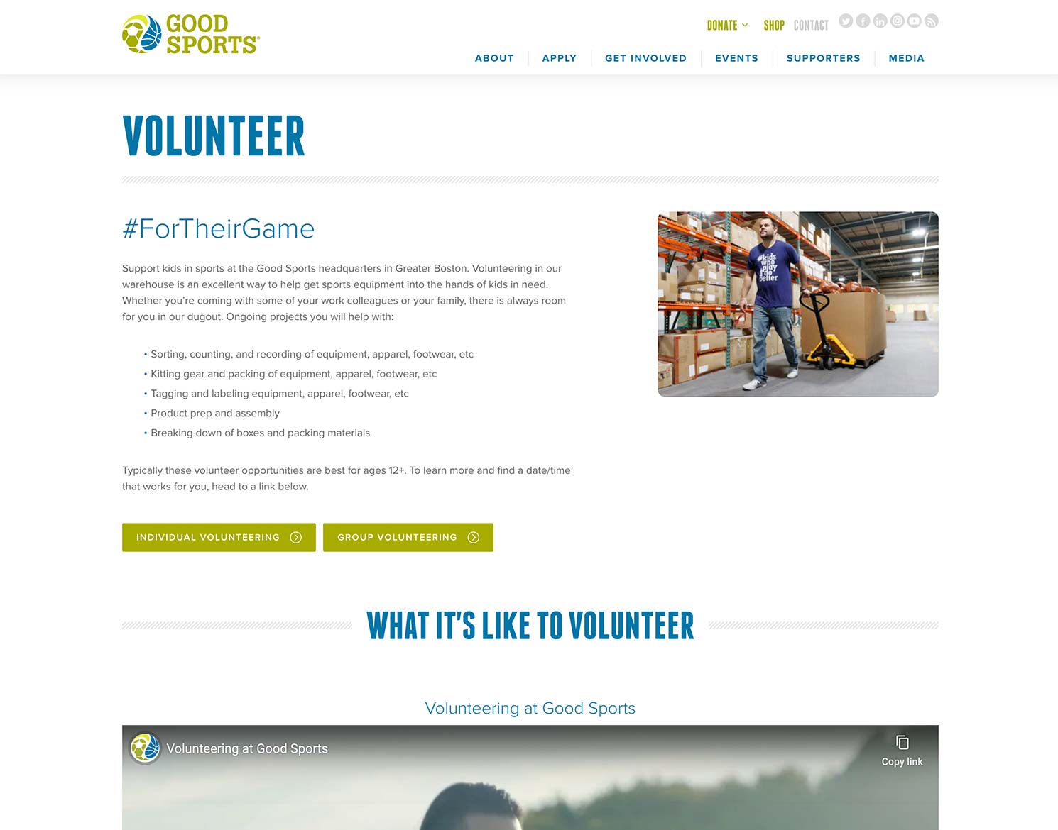 Good Sports website volunteer page