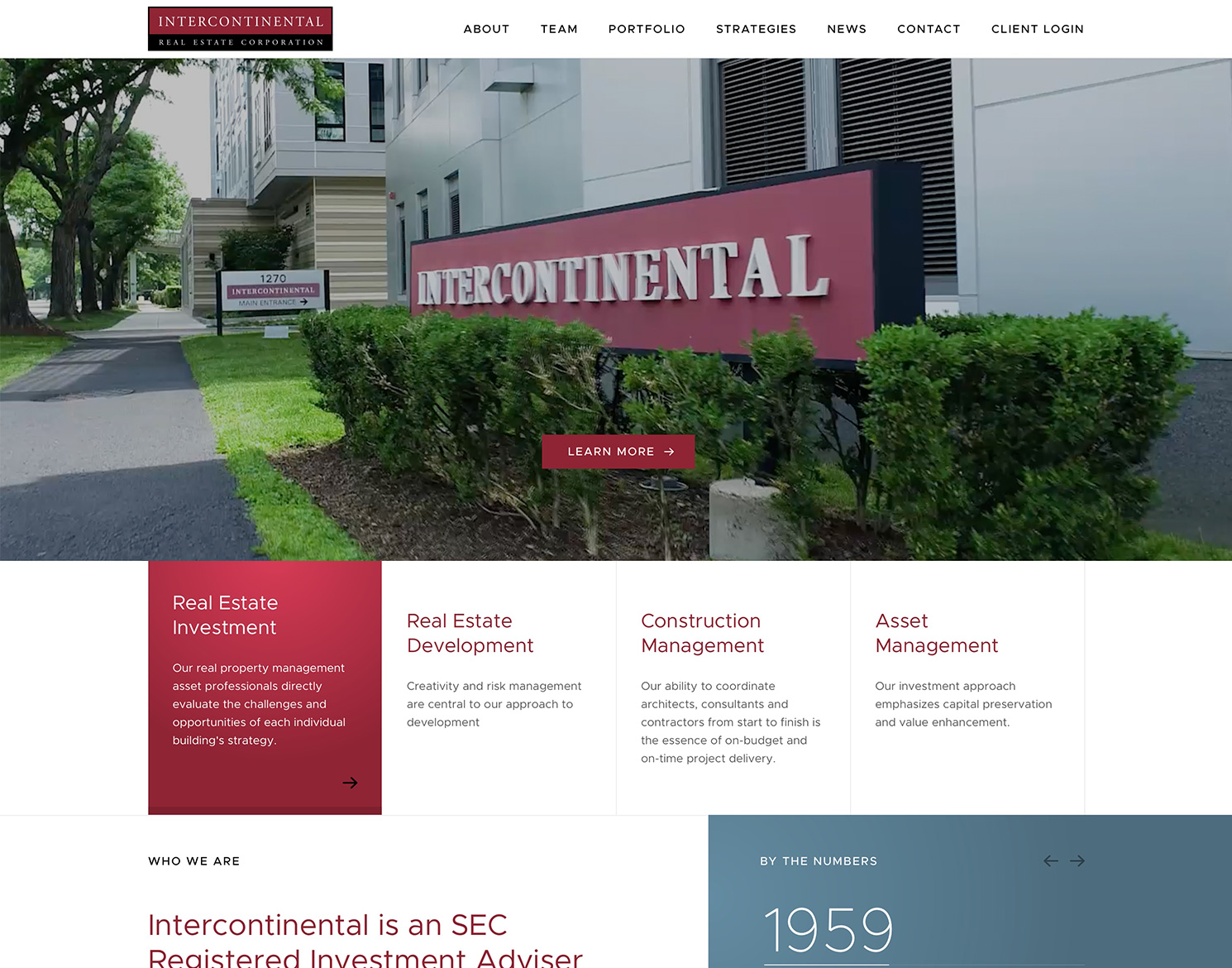 Intercontinental website design homepage showing marketing support