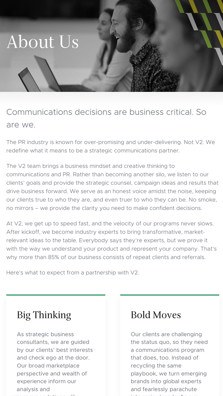 V2 Communications website design about us page