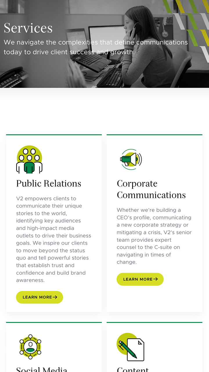 V2 Communications website design our services page