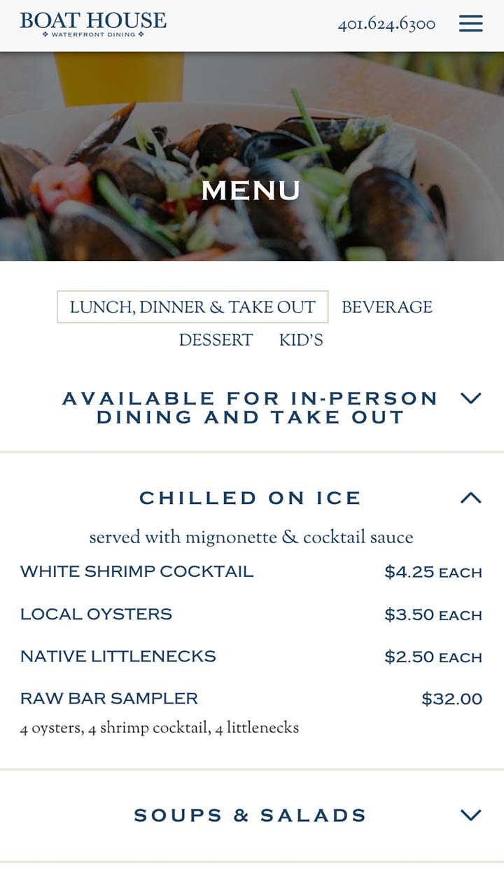 Newport Restaurant Group mobile website for Boat House menu