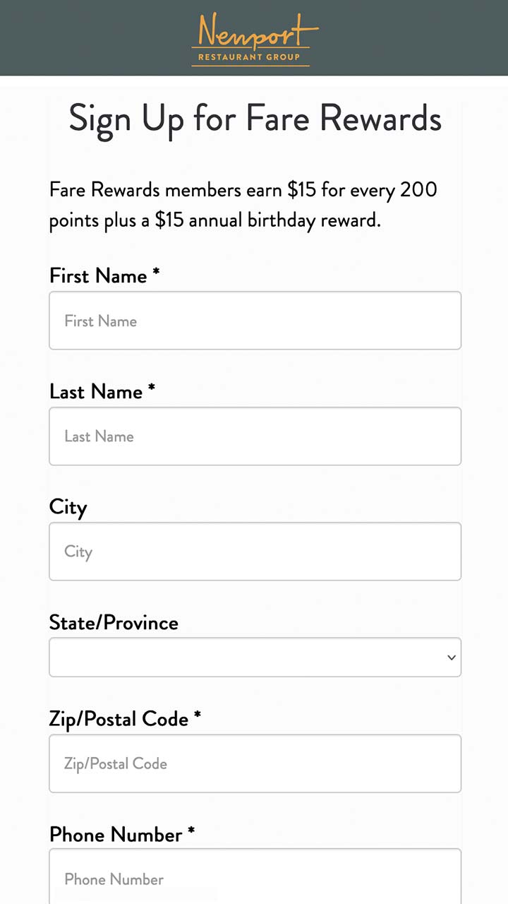 Newport Restaurant Group mobile website