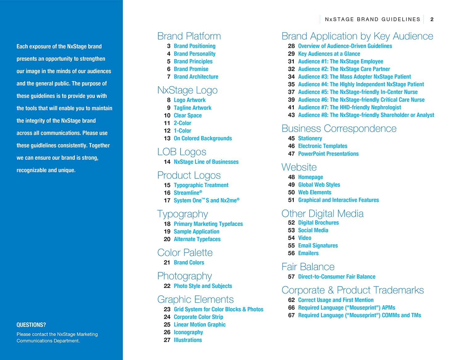 NxStage Brand Guide table of contents