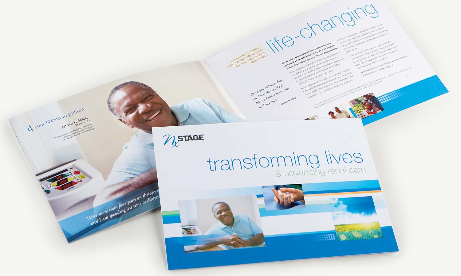 NxStage brochure with title "Transforming Lives"