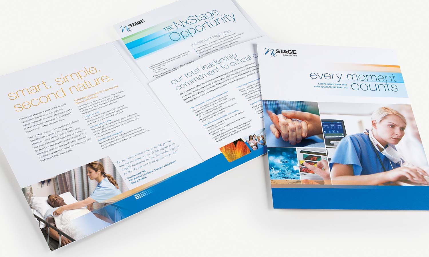 Marketing collateral for NxStage including pocket folder, brochure and sheets