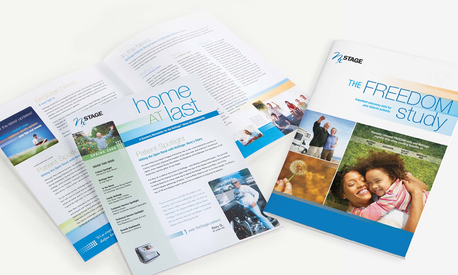 Marketing collateral for NxStage including freedom brochure and newsletter