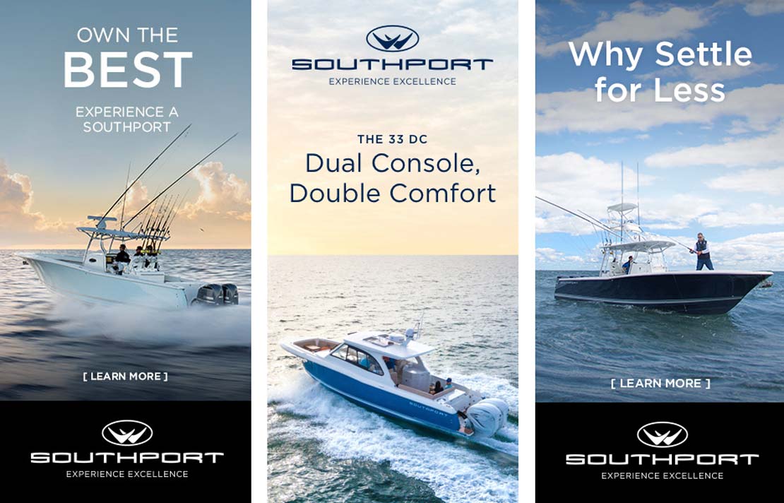 Southport Boats digital ads with boats and logos
