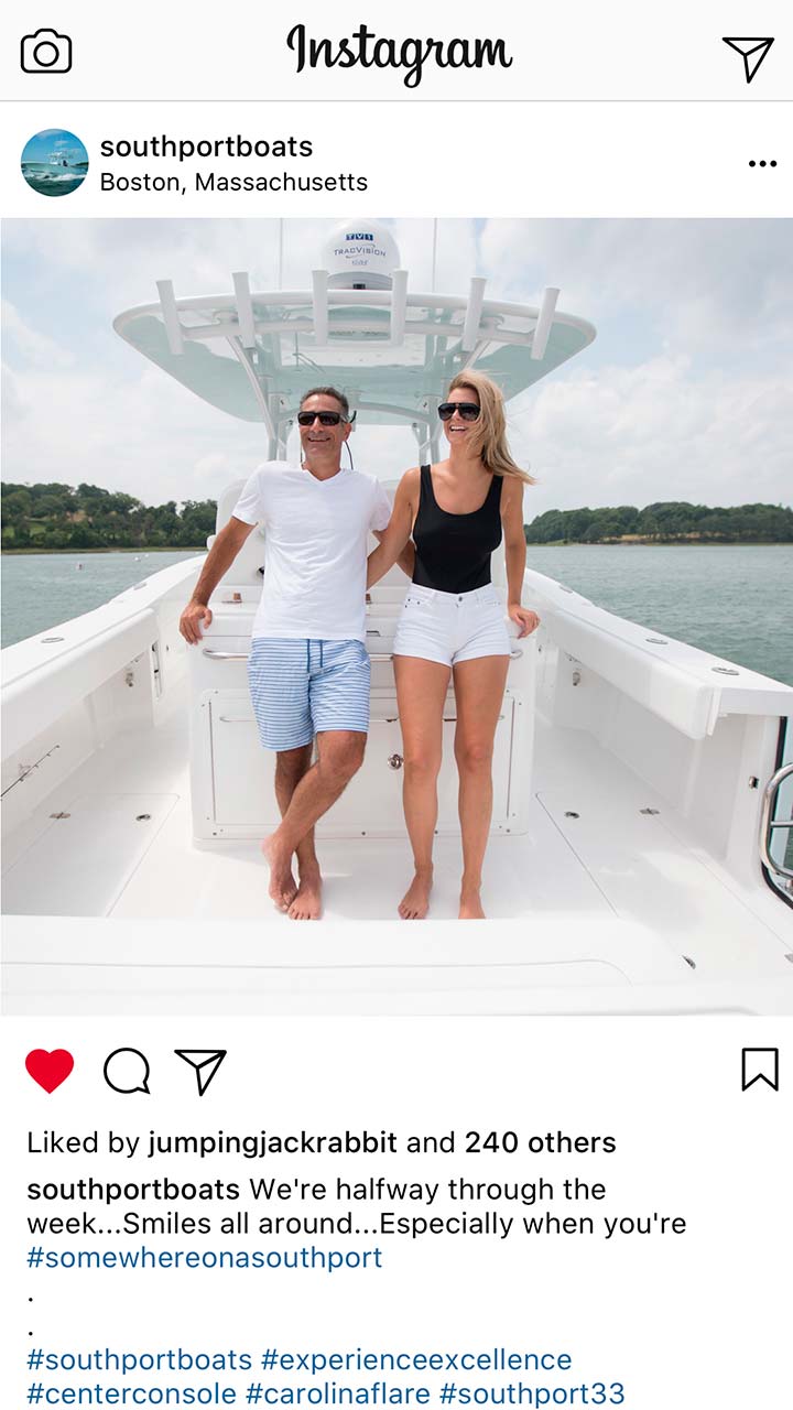 Southport Boats instagram post overhead of boat on water