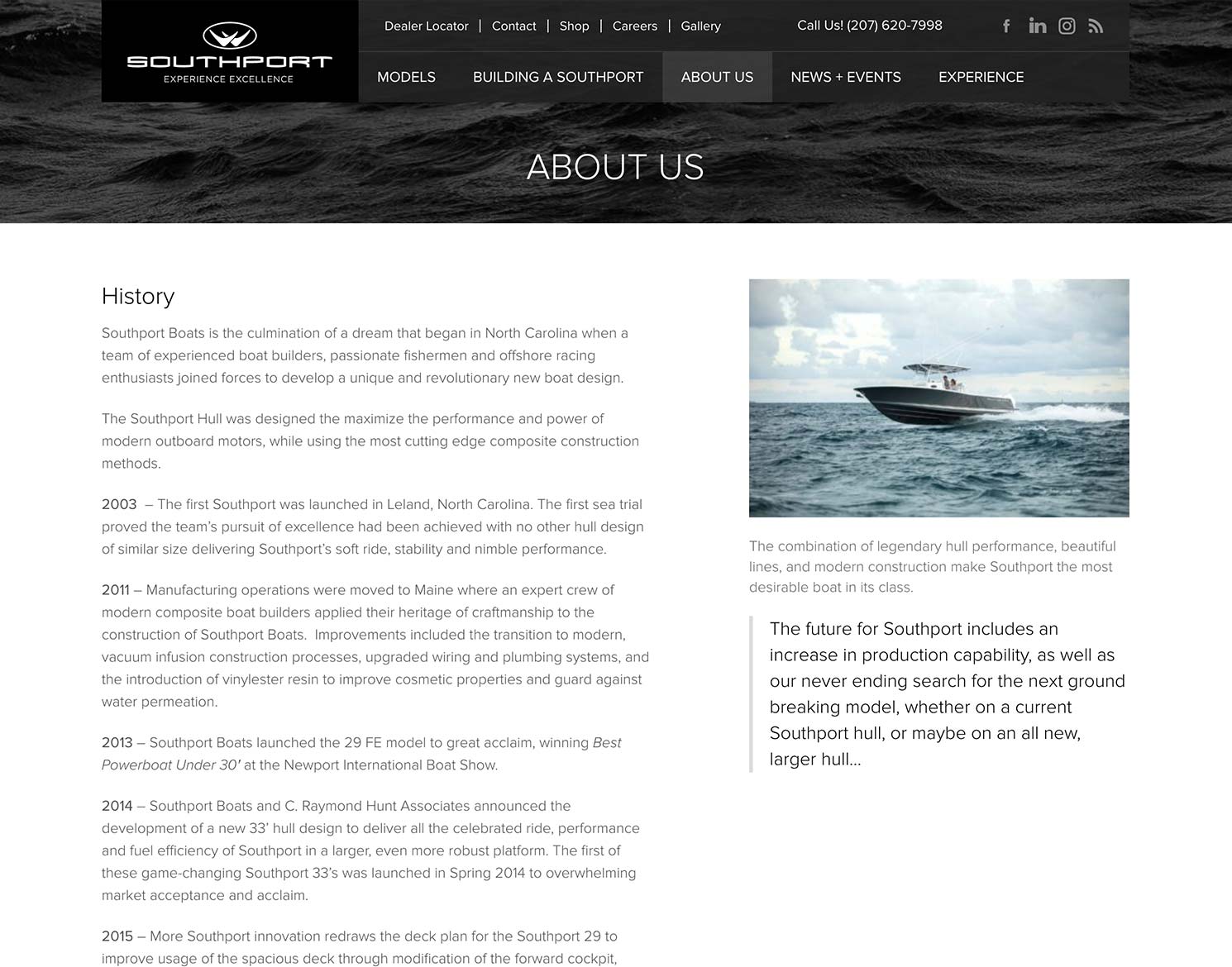 Southport Boats website design showing about us page