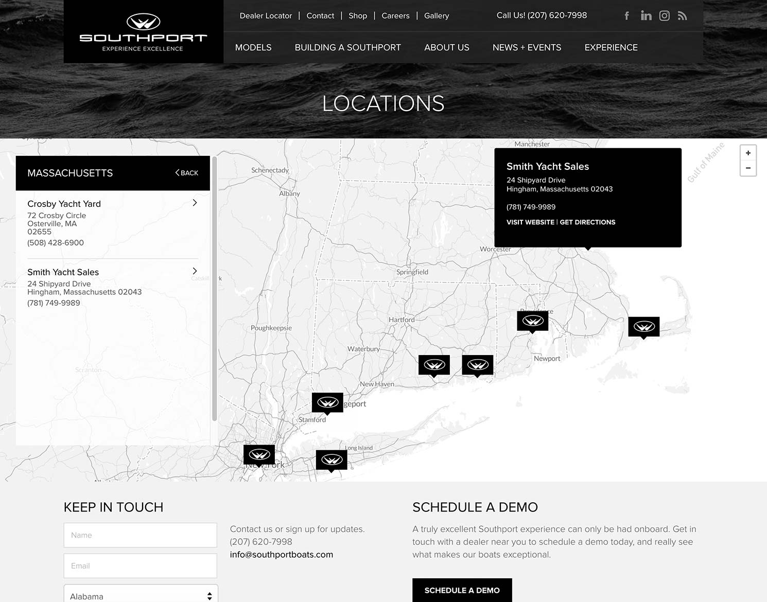 Southport Boats website design showing dealer locator page