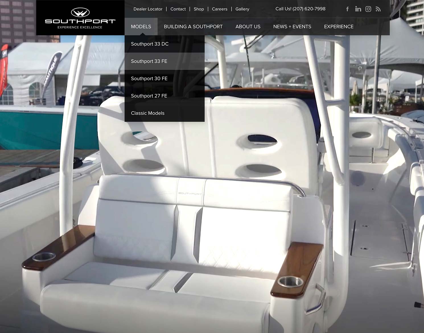 Southport Boats website design showing models dropdown