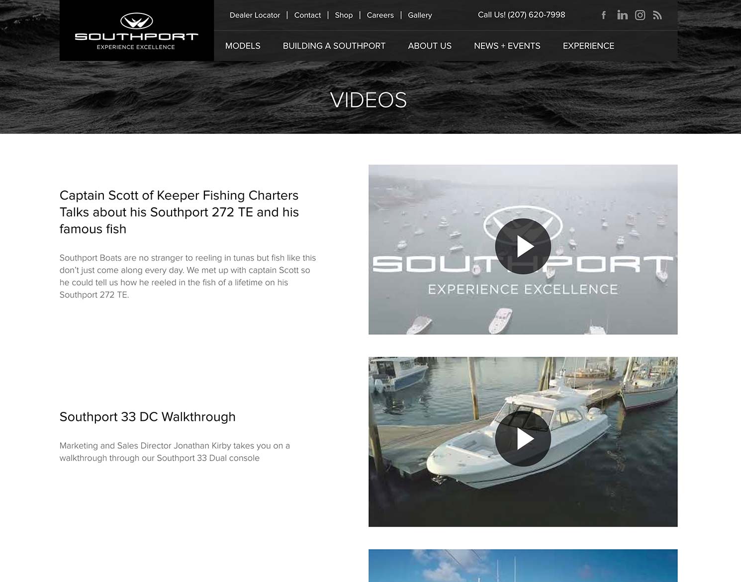 Southport Boats website design showing videos page