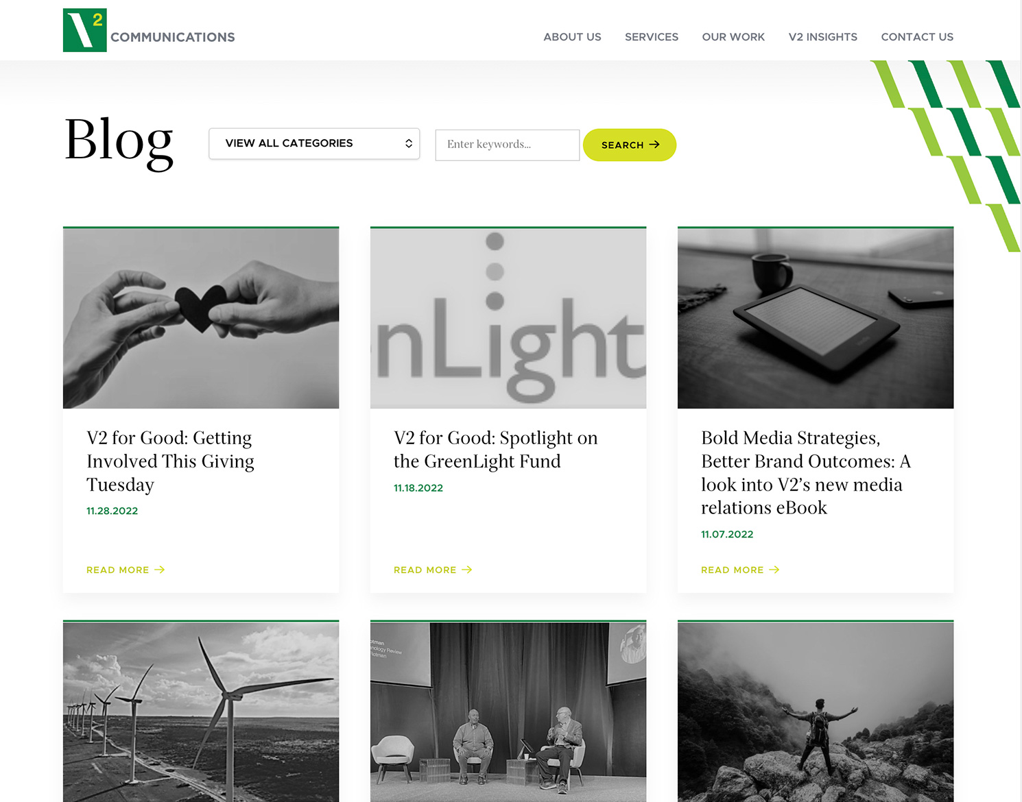 V2 Communications website design blog page