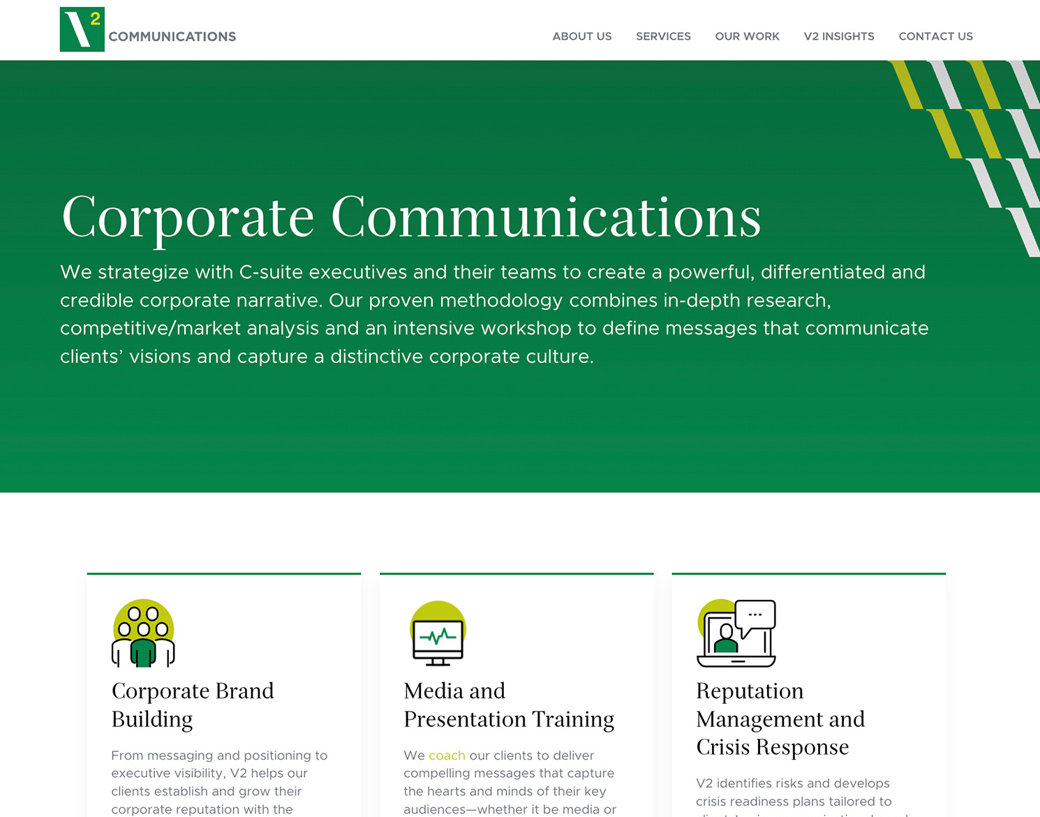 V2 Communications website design corporate communications page