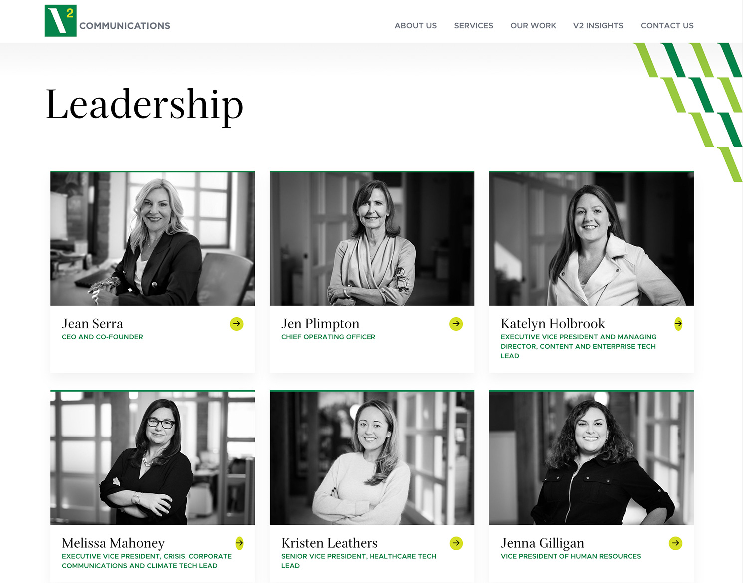 V2 Communications website design leadership page