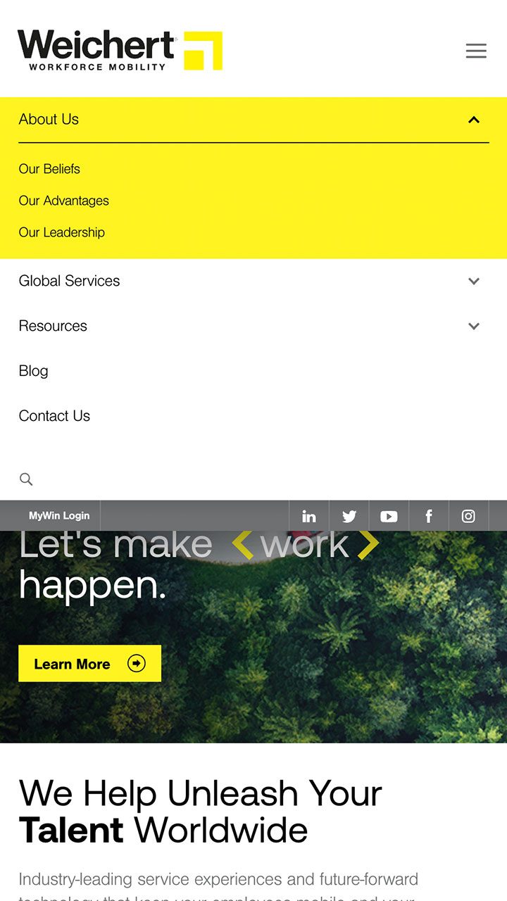 Weichert Mobile Homepage Expanded Menu