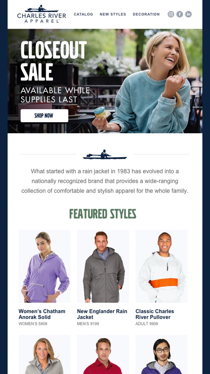 sample e-mailer design for Charles River Apparel Closeout Sale