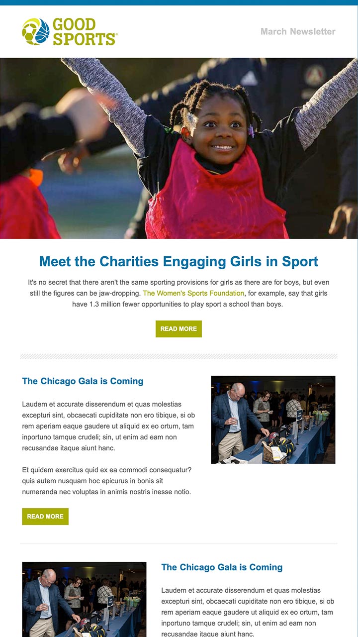 sample e-mailer design for Good Sports monthly newsletter