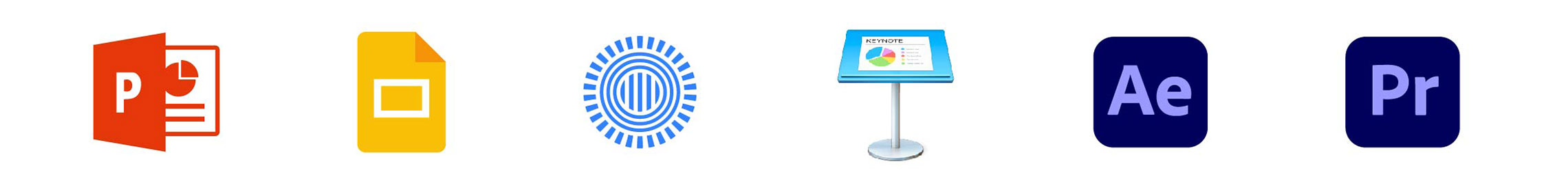 Logos for various presentation platforms including Microsoft Powerpoint, Google Slides, Prezi, Mac Keynote, Adobe After Effects, Adobe Premiere Pro