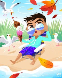 Illustration of man on beach wearing with seagulls trying to eat his ice cream cone with fall leaves flying around