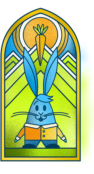 stained glass of blue rabbit with carrot