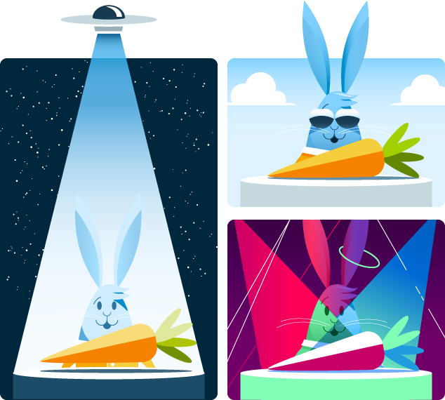 One rabbit in the light of a ufo at night, one rabbit with sunglasses on in the day, one rabbit with a carrot under party lights