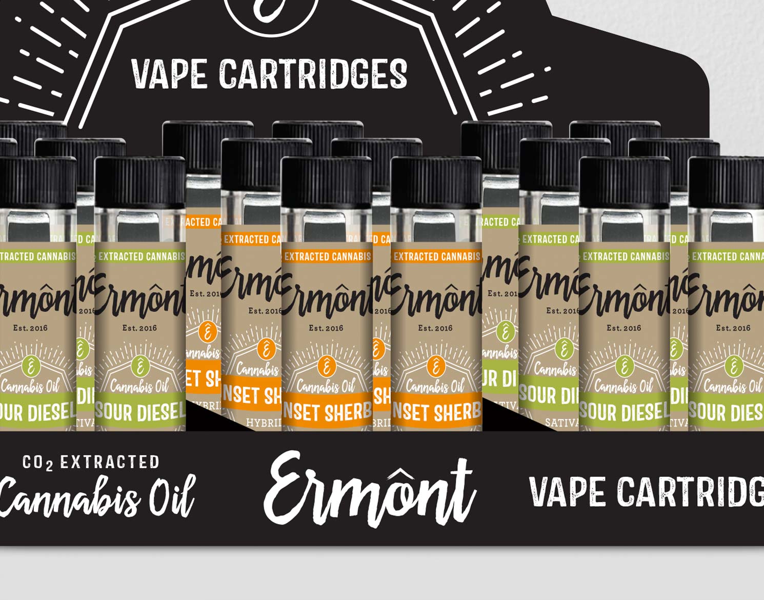 Ermont logo applied to vape cartridge packaging and in-store displays of the vape cartridges